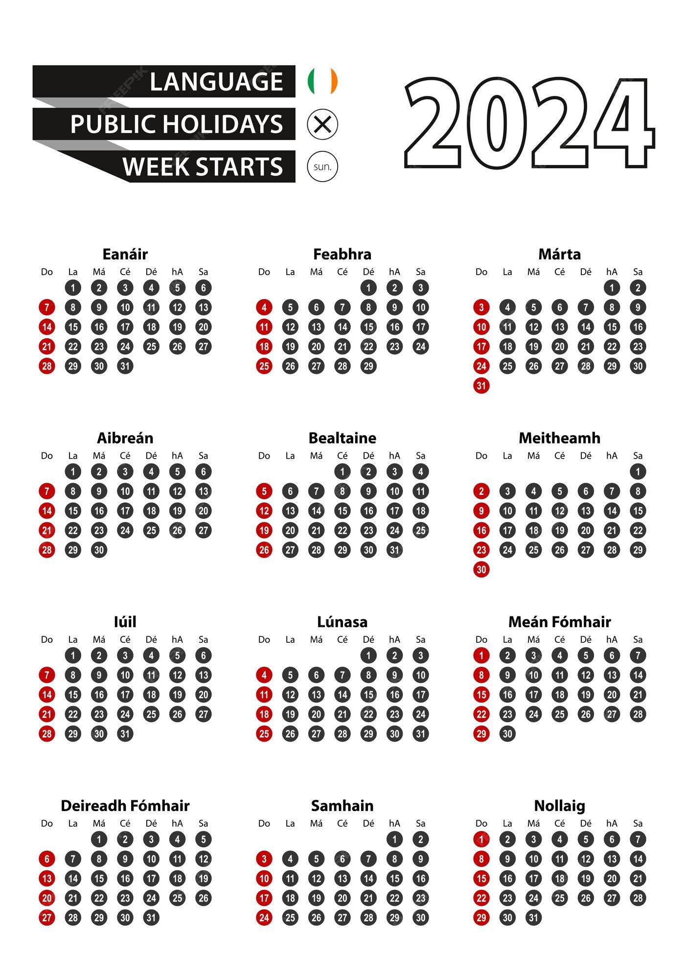 Premium Vector Irish calendar 2024 with numbers in circles week