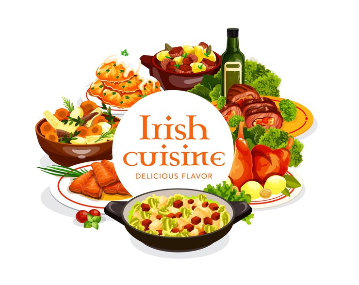 Vector irish cuisine food of fish and meat with vegetable