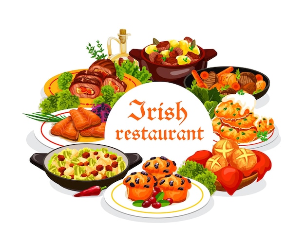 Vector irish cuisine meat vegetable and fish food dishes