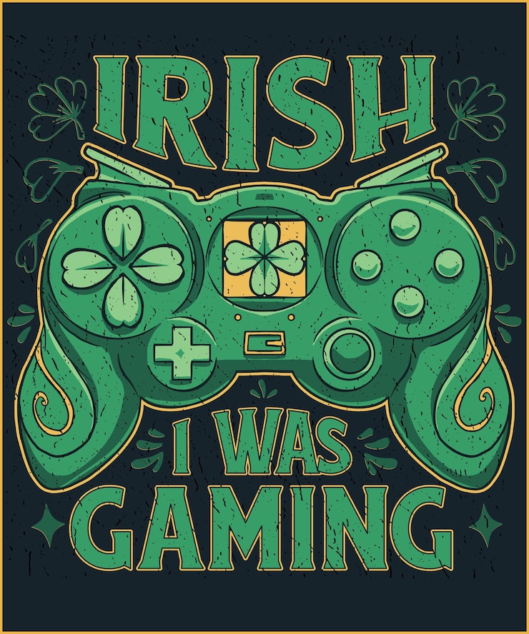 Vector irish gaming joystick st patrick's day shamrock ireland t-shirt design irish i was gaming