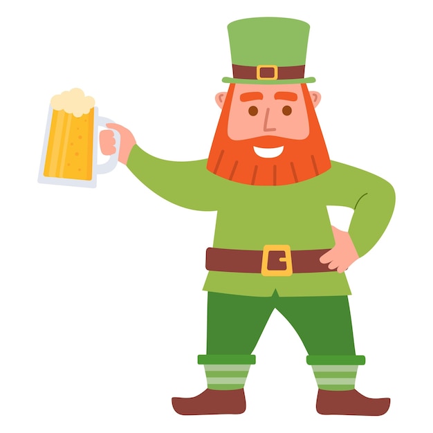 Irish gnome with Happy St Patrick's Day.Leprechaun holding beer mug.