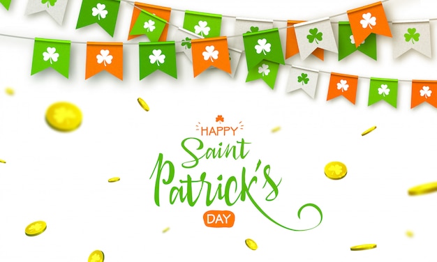 Festa irlandese - felice saint patrick day sfondo con bandiere ghirlanda e monete