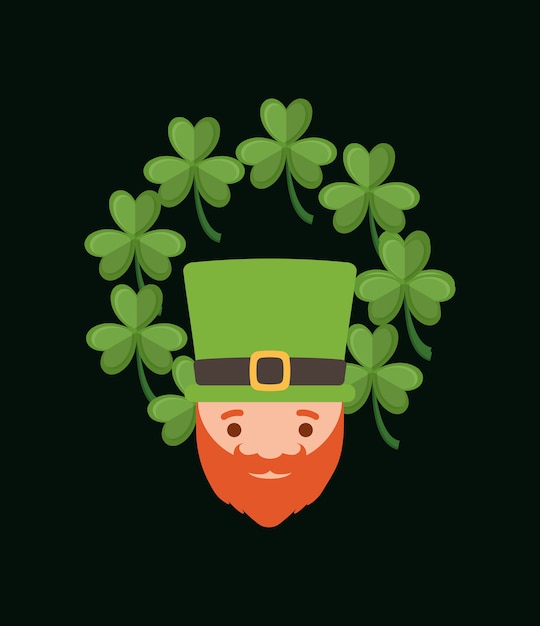 Faccia di leprechaun irlandese e ghirlanda decorativa di trifogli