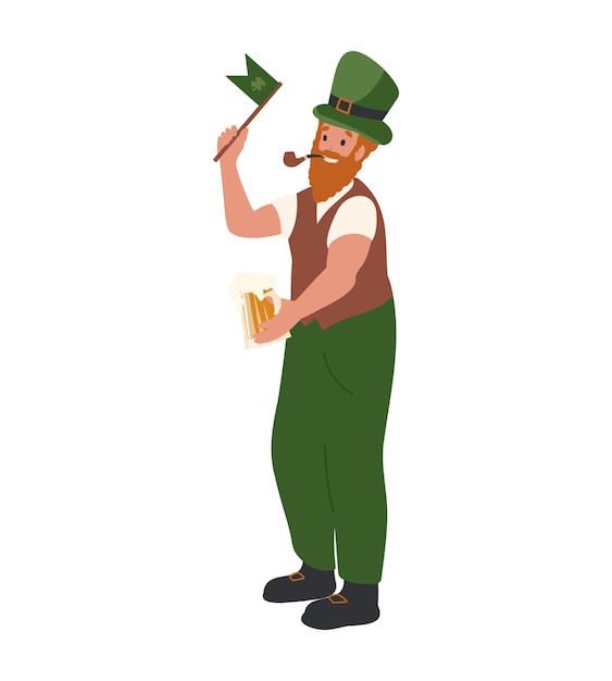 L'uomo irlandese si veste come un folletto con la birra in mano, la collezione di personaggi dei cartoni animati del giorno di san patrizio