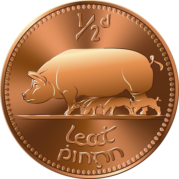 Irish money predecimal gold coin halfpenny with pigs on reverse