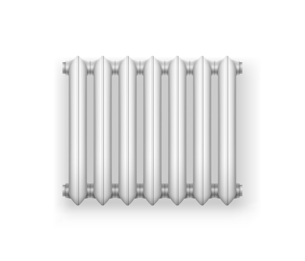 Iron radiator for central heating system. White realistic metal heater, steel panel device for home