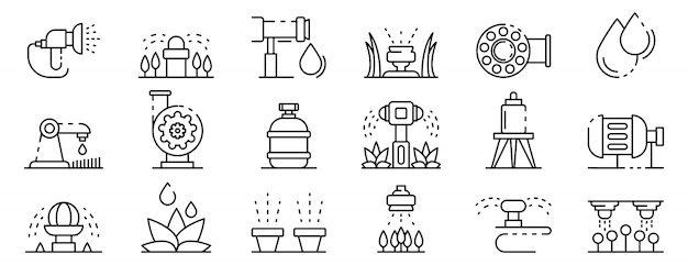 Irrigation system icons set, outline style