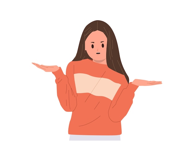 Irritated annoyed girl child cartoon character showing misunderstanding gesture isolated on white