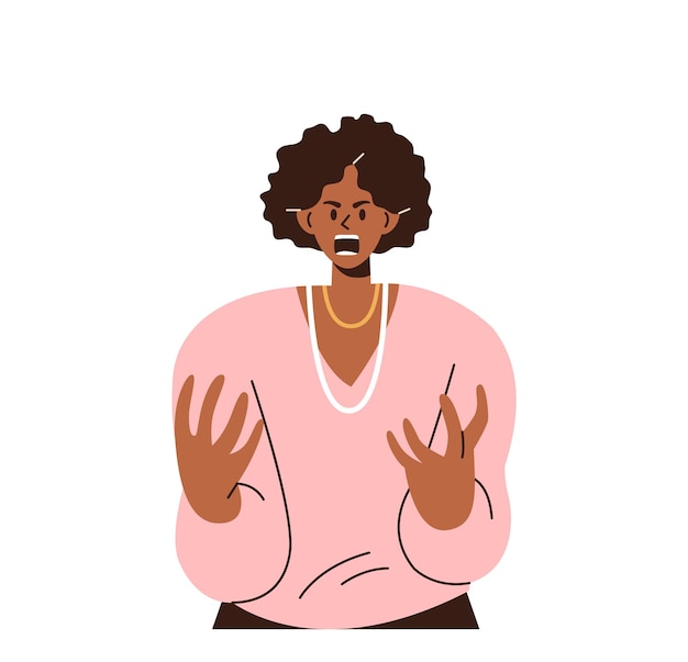 Vector irritated young woman screaming loudly expressing anger and emotionally gesturing with hands