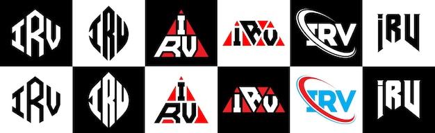 Vector irv letterlogo-ontwerp in zes stijlen irv veelhoek cirkel driehoek zeshoek platte en eenvoudige stijl met zwart-witte kleurvariatie letterlogo in één tekengebied irv minimalistisch en klassiek logo