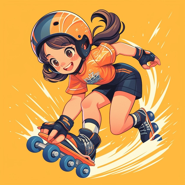 A Irving girl practices ramp roller skating in cartoon style