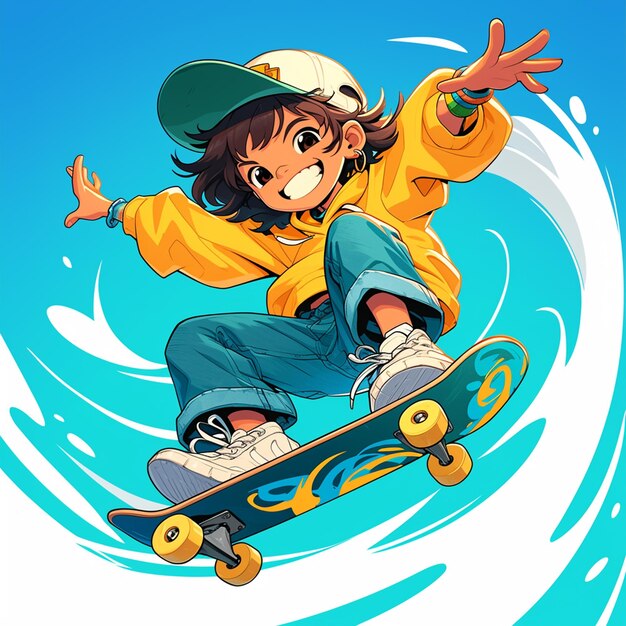 A Irving girl practices slope skateboarding in cartoon style