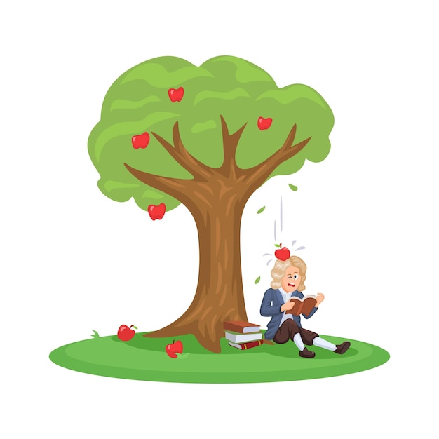 아이작 뉴턴은 나무 아래에 앉아 사과에 맞았다 중력 이론 Discoverer Cartoon illustr