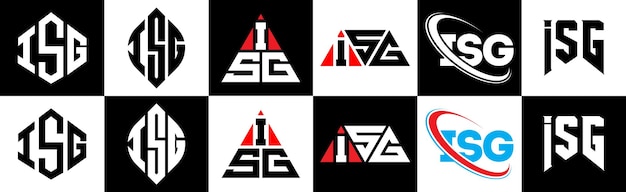 ベクトル 6 つのスタイルの isg 文字ロゴ デザイン isg 多角形、円、三角形、六角形のフラットでシンプルなスタイル、黒と白のカラー バリエーションの文字ロゴが 1 つのアートボードに設定 isg ミニマリストとクラシックなロゴ