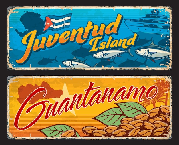 Isla de la juventud en guantanamo cubaanse regio's vector reisplaten en stickers cuba vlag en kaarten van cubaanse provincies retro borden met grunge palmen koffie vissersboot en caribische zeevis