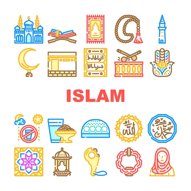 islam ramadan muslim icons set vector religion frame shape eid mubarak mosque decoration ornament kareem calligraphy islam ramadan muslim color line illustrations