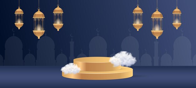 Vector islam theme product or cosmetic display blue background golden moon big sale promotion poster banner with a podium for display product