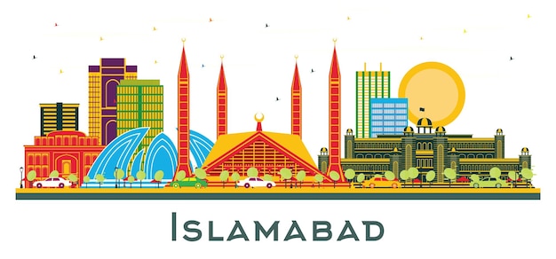 Skyline della città di islamabad pakistan con edifici di colore isolati su bianco illustrazione vettoriale viaggi d'affari e concetto di turismo con architettura storica paesaggio urbano di islamabad con punti di riferimento