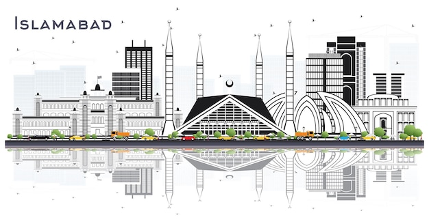 Orizzonte della città di islamabad pakistan con edifici grigi isolati su bianco. illustrazione di vettore. viaggi d'affari e concetto di turismo con architettura storica. paesaggio urbano di islamabad con punti di riferimento.