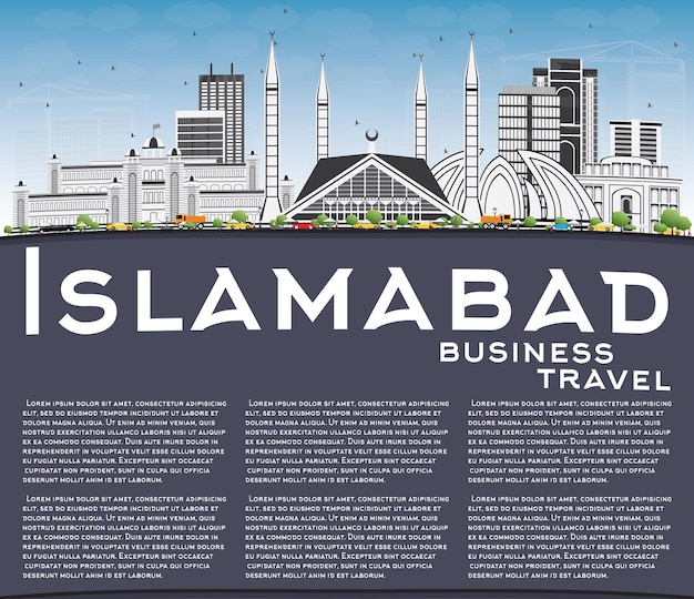 Islamabad skyline met grijze gebouwen, blauwe lucht en kopie ruimte. vectorillustratie. zakelijk reizen en toerisme concept met historische architectuur. afbeelding voor presentatiebanner plakkaat en website.