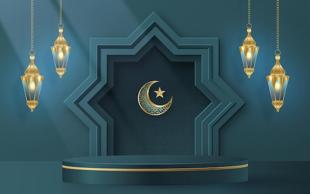 Vector islamic 3d podium round stage for eid mubarak ramadan kareem muharram or iftar on color background