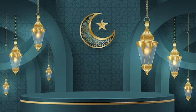 Islamic 3d podium round stage for Eid Mubarak Ramadan Kareem Muharram Iftar on color background