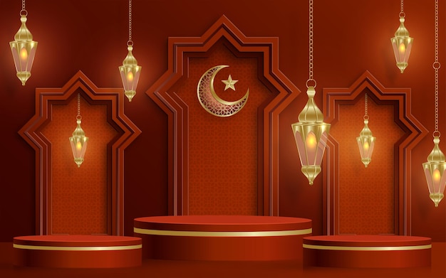 islamic 3d podium round stage for eid mubarak ramadan kareem muharram iftar on color background