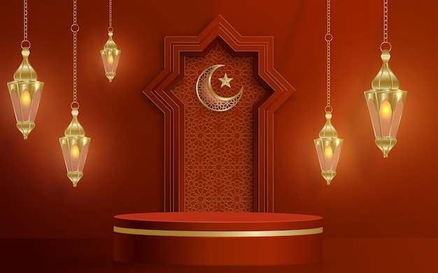 islamic 3d podium round stage for eid mubarak ramadan kareem muharram iftar on color background