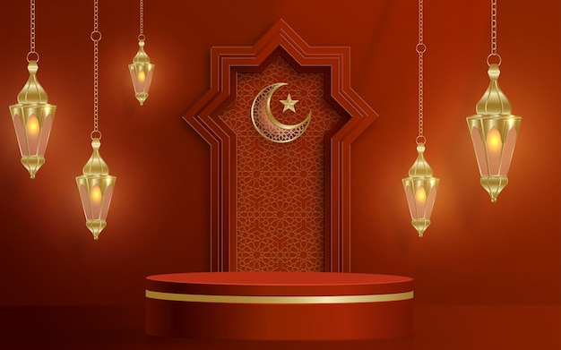 Islamic 3d podium round stage for Eid Mubarak Ramadan Kareem Muharram Iftar on color background