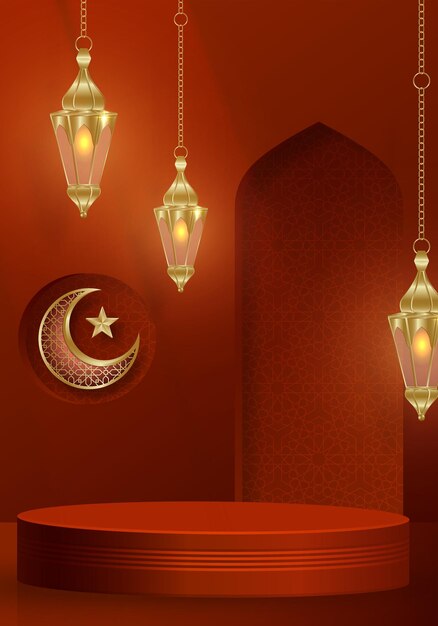 islamic 3d podium round stage for eid mubarak ramadan kareem muharram iftar on color background