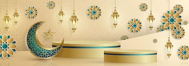 Islamic 3d podium round stage for Eid Mubarak Ramadan Kareem Muharram Iftar on color background