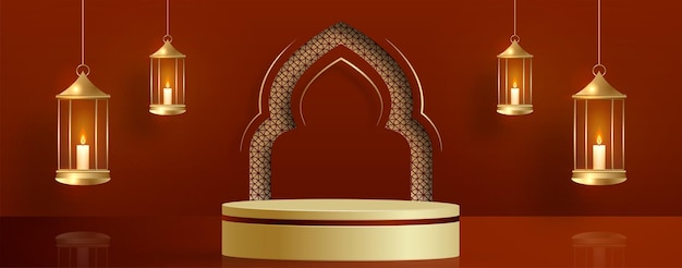 Islamic 3d podium round stage for eid mubarak ramadan kareem muharram iftar on color background