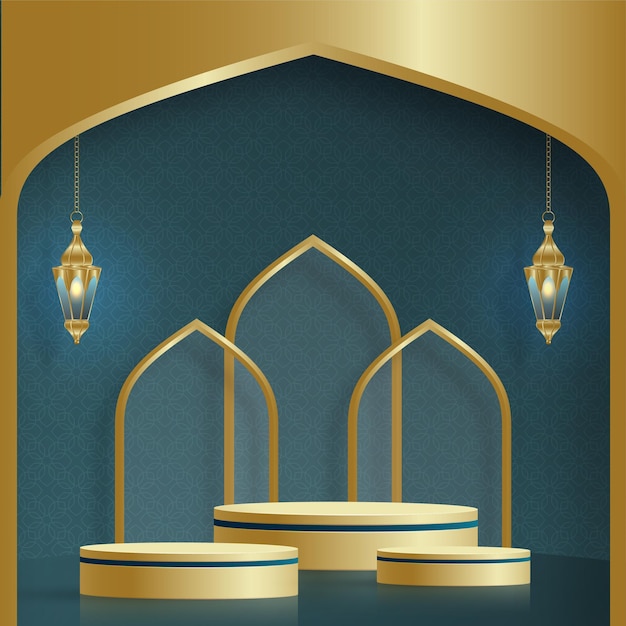 Vettore palco rotondo del podio islamico 3d con motivo dorato per eid mubarak ramadan kareem muharram o iftar
