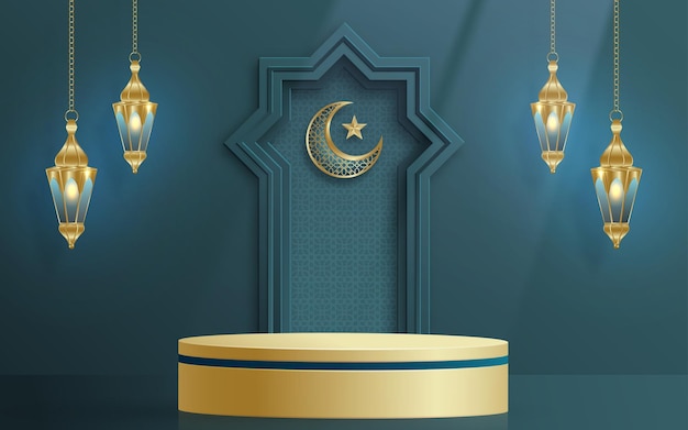 Eid Mubarak Ramadan Kareem Muharram 또는 Iftar를 위한 금 패턴이 있는 이슬람 3d 연단 원형 무대