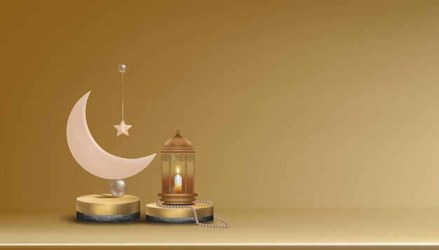 Vector islamic 3d podium with pink gold crescent moon, traditional islamic lantern, rosary beads, candle. horizontal islamic banner