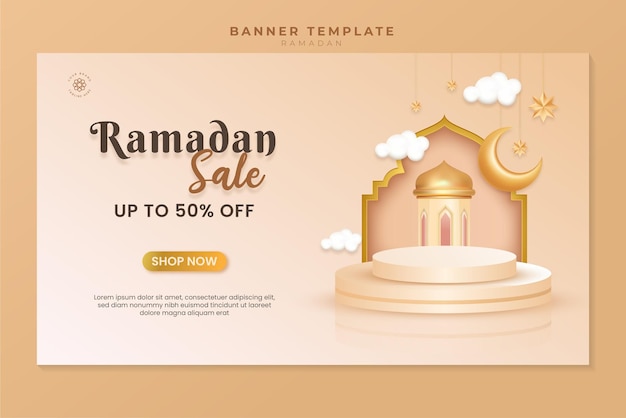 Islamic 3d product display podium ramadan kareem sale banner ornament lantern background Premium Vector