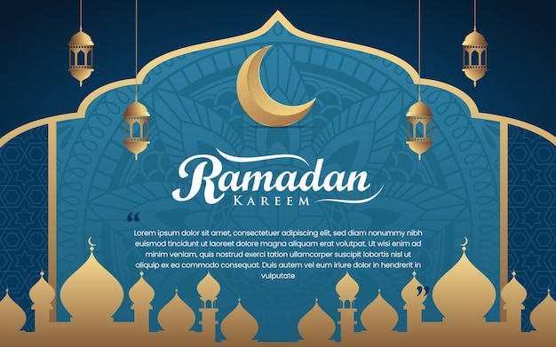Islamic Arabic Blue Luxury Background with Geometric pattern and Mandala and mosque illustration