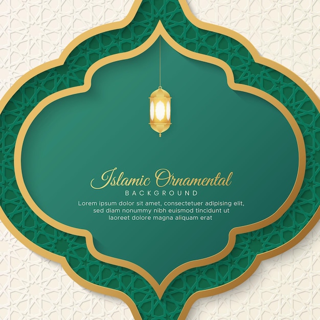 Islamic arabic green and white background with geometric pattern and beautiful ornament with lantern