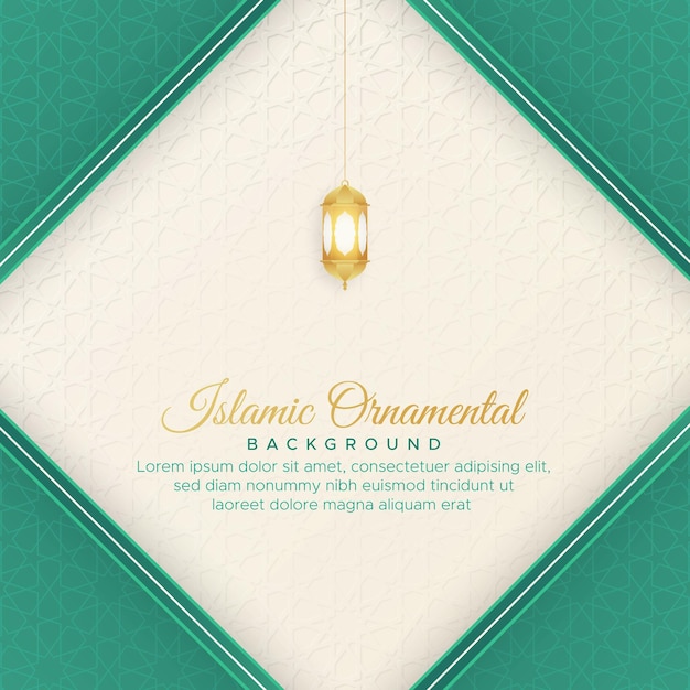 Islamic Arabic Green and White Luxury Background with Geometric pattern and Lanterns