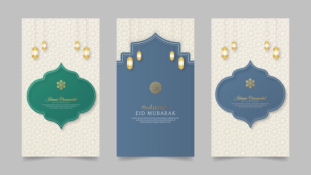 Vettore modello di raccolta di storie sociali islamiche realistiche per il ramadan kareem e eid mubarak