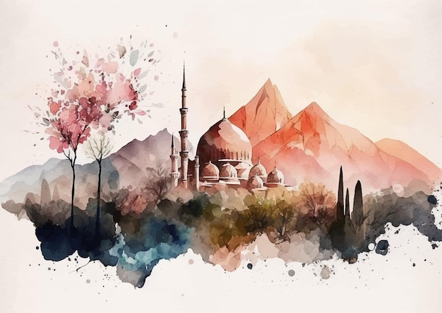 Islamic Art in Vibrant Watercolor Mosques