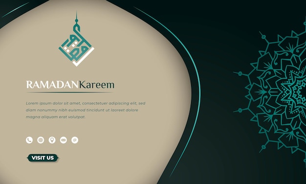 Vector islamic background in green and tan design with simple mandala and arabic calligraphy for ramadan