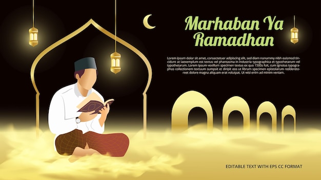 Vector islamic background for ramadan islamic illustration of muslims reading quran in front of the mosque