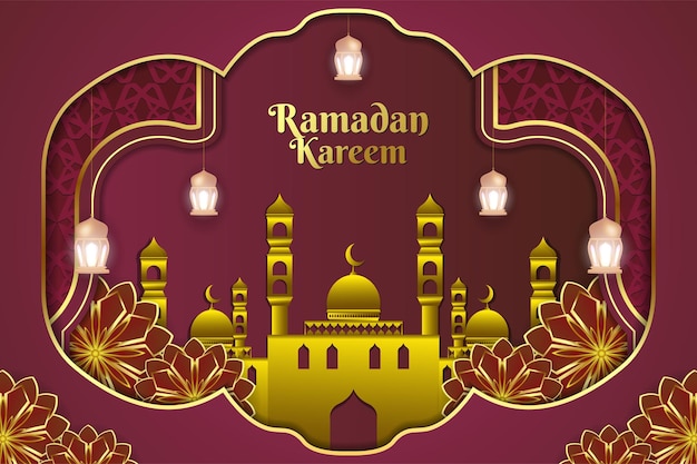 Sfondo islamico ramadan kareem colore rosso e oro con bella moschea