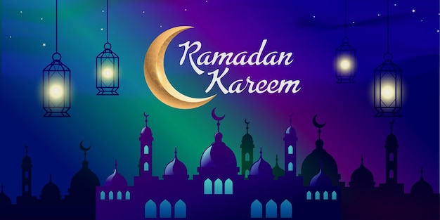 Vector islamic background ramadan with mosque and moon