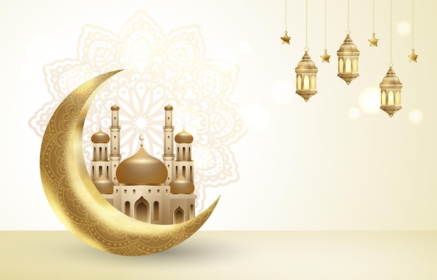 Vector islamic background with gold mosque crescent moon and lantern for celebration