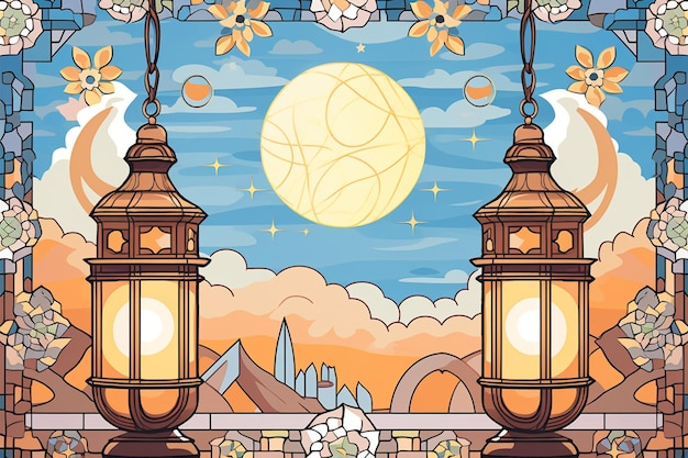 Islamic Background with Moon and Lantern