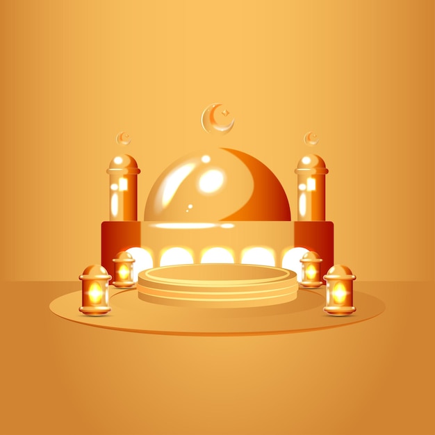Islamic background with podium moon stars mosque and lantern