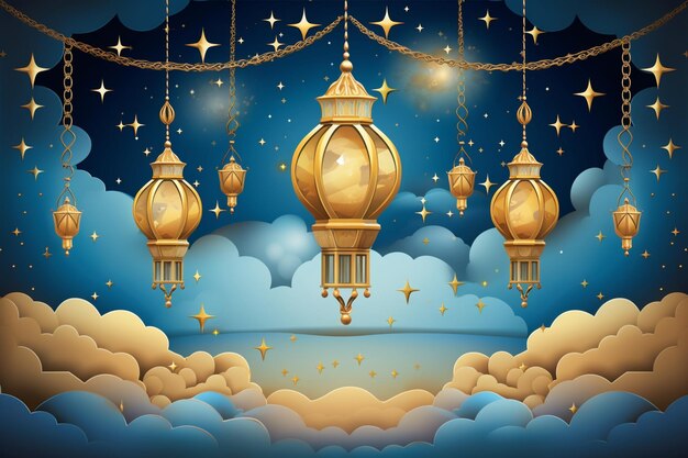 Islamic Background with Stars Moon and Lanterns