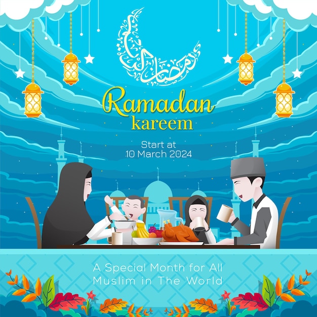 Vector islamic background with the theme of eating together during ramadan